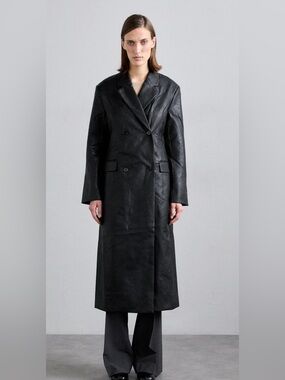 Designer Remix Black Double-Breasted Collarless Cotton Trench Coat